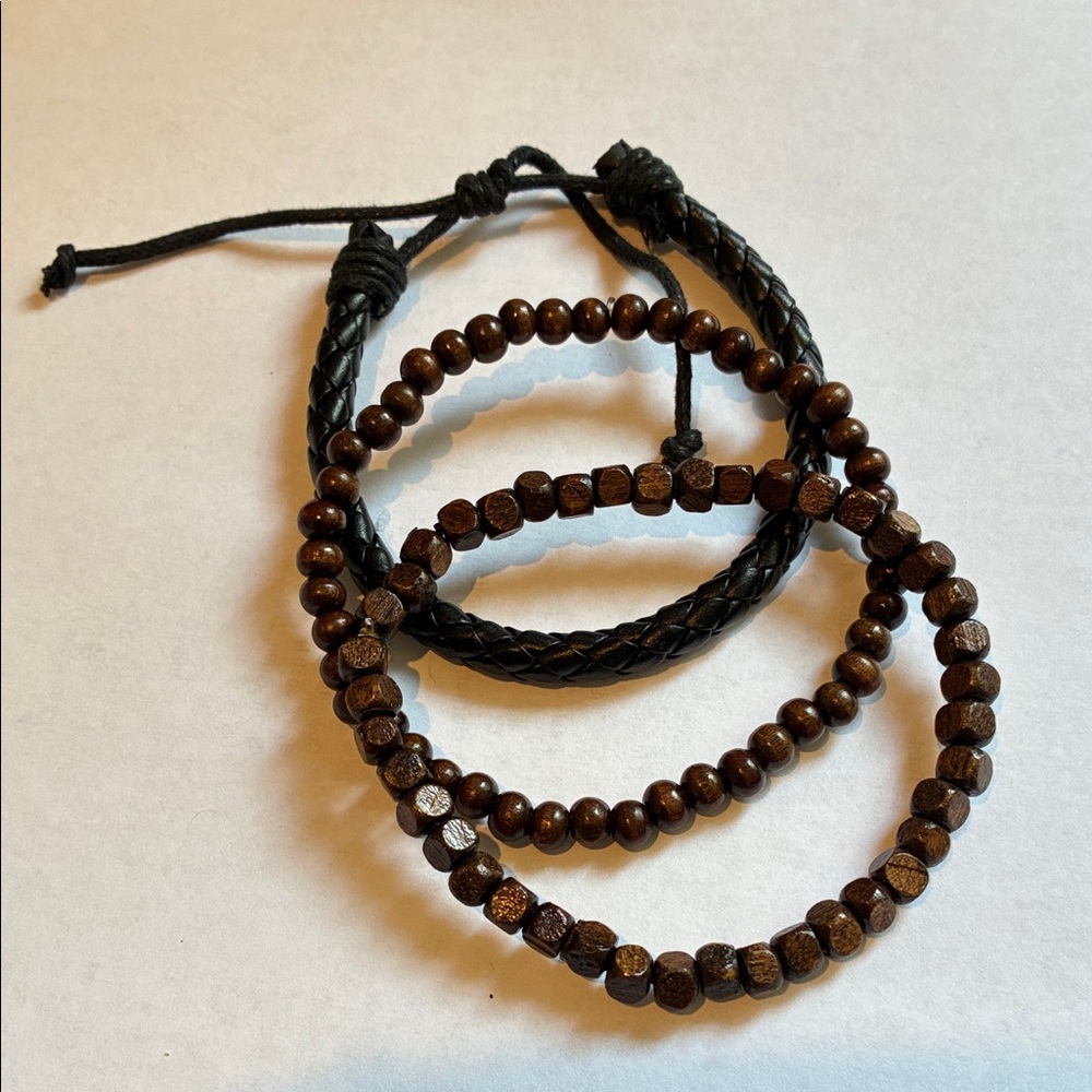 NEW set of 3 Men bracelets stretch wooden beads & black adjustable faux leather